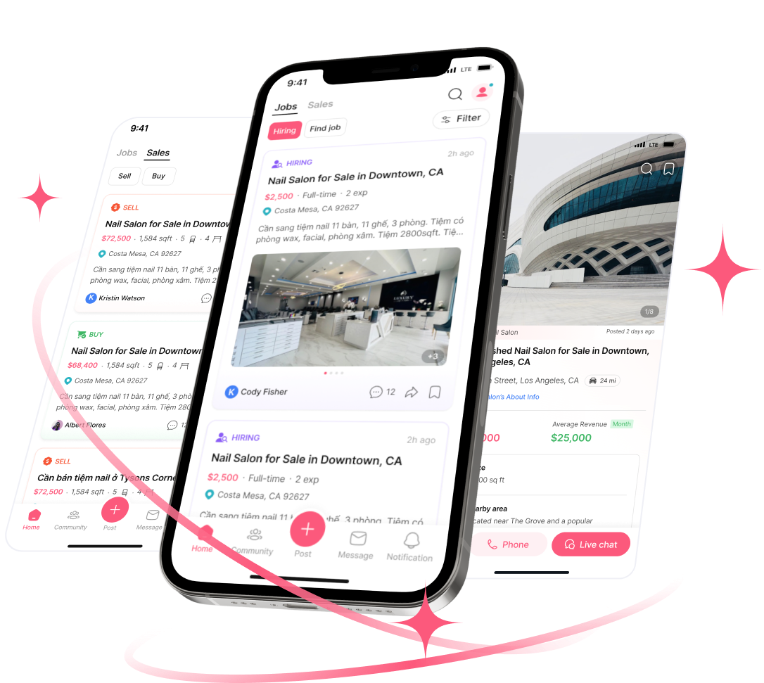 Tapo Nail mobile app interface showing job listings and salon features
